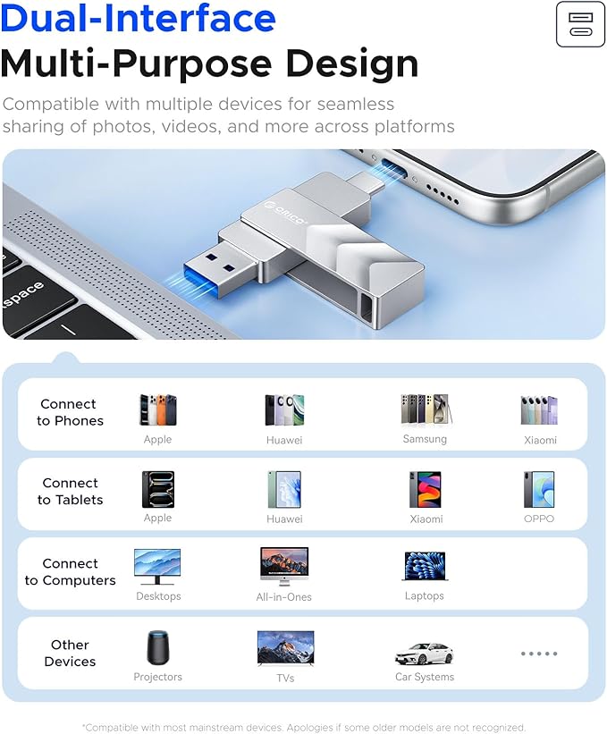 ORICO 256GB USB Flash Drive SSD, External TLC Solid State Drive Up to 400MB/s Read, 300MB/s Write High Speed USB-C & USB-A Port,Metal Housing Swivel Design Compatible with iPhone 17, Android, PC