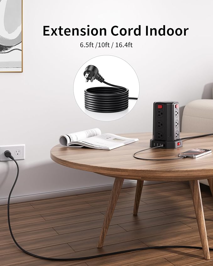Power Strip Surge Protector Tower,Extension Cord with 12 AC Multiple Outlets 4 USB (1 USB C), SMALLRT Power Strip Tower Desktop Charging Station (Black, 6.5 FT-2PC)