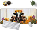 Large Mouse Pad, 31.5 x 11.8in Extended Gaming Mouse Pad with Stitched Edges, XXL Mousepad Protector Non Slip Rubber Base for Office & Home Writing Mat, Sunflowers Farmhouse Cow Pattern White Desk Mat