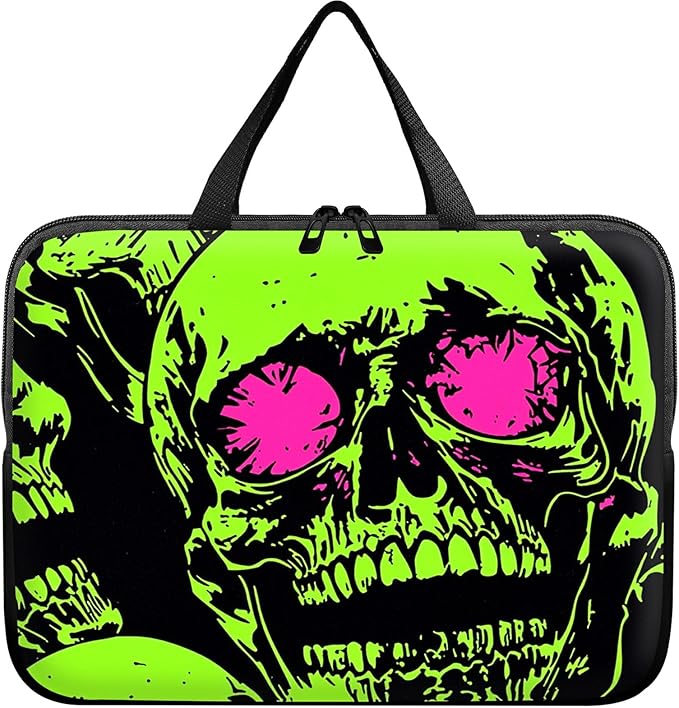 Universal Laptop Sleeve Case 12 inch, Neon Green Skull Slim Carrying Case Handbag Travel Laptop Bag for Surface Pro 9 8 7/Laptop Go 2 3, MacBook Air 11/12