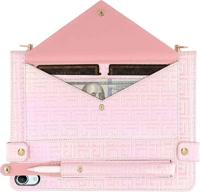 Shiny Case for iPad mini 7 2024/Mini 6th Gen Handbag Case, Techcircle Iridescent PU Leather Folio Envelope Pocket Stand Cover with Hand Strap+Shoulder Strap+Pencil Holder+Card Slots, Shiny Pale Pink