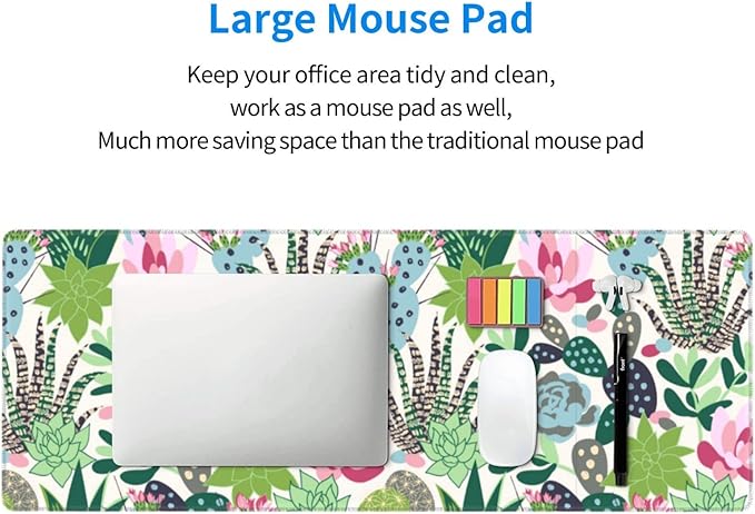 Cute Large Mouse Pad Desk Mat, Succulents and cactus Big Extended Funny Gifts XL Gaming Mousepad with Stitched Edges for Writing, Table, Long Extended Desk Pad for Women Girls Office, 31.5*11.8 Inch