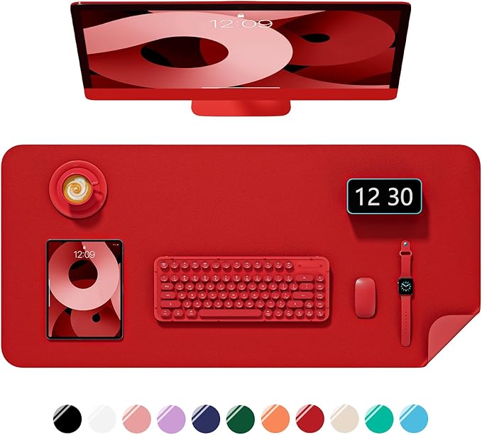 Desk Pad, 23.6" x 13.8" PU Leather Non-Slip Desk Mat Large Mouse Pad for Desktop, Waterproof Laptop Computer Writing Mat for Office, Home, Work, Gaming, Bright Red