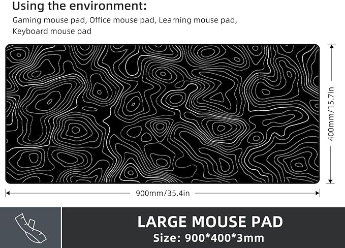 Rinaze Extra Large Gaming Mouse Pad with Black Topographic, XXL Mousepad, Big Mouse Mat Desk Pad, Non Slip Keyboard Pad for Gaming Computer Laptop PC Office Desk Accessories