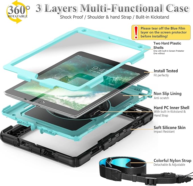 SEYMAC stock Case for iPad 6th / 5th Generation Case/Air 2 / Pro 9.7 inch, Heavy Duty Protective with Screen Protector, with Pencil Holder, Hand Strap, Shoulder Strap, 360 Rotate Stand, SkyBlue+Black