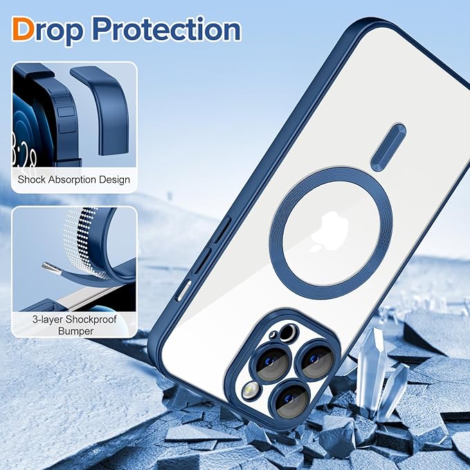 Hython Magnetic Clear for iPhone 12 Pro Max Case with Camera Lens Protector [Compatible with MagSafe] Plating Edge Slim Soft TPU Cover Protective Phone Case for iPhone 12 Pro Max, Matte Deep Blue