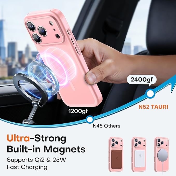 TAURI for iPhone 17 Pro Max Case, Compatible with MagSafe, (Full Camera Protection) Camera Control Cover Solid-Color Matte Magnetic 17 Pro Max Phone Case, Pink