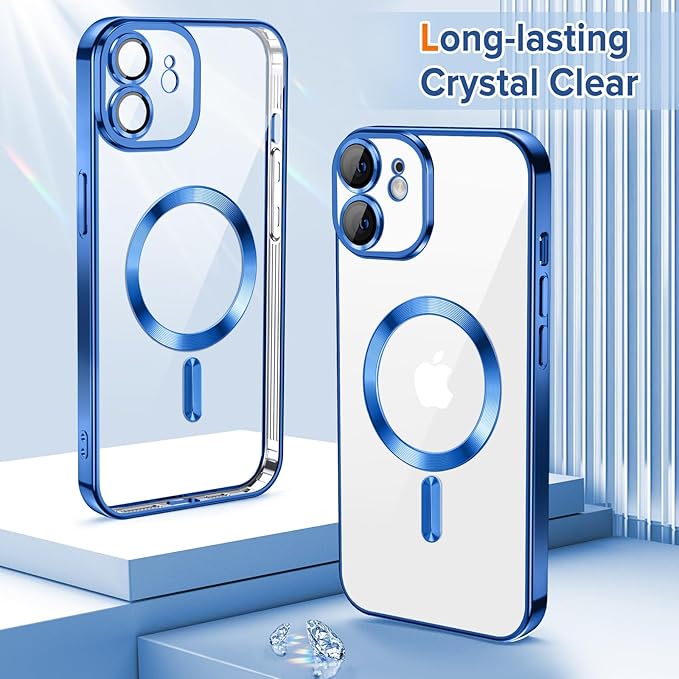 Hython Magnetic Clear for iPhone 12 Case with Camera Lens Protector [Compatible with MagSafe] Luxury Plating Edge Slim Soft TPU Cover Protective Phone Case for iPhone 12 6.1", Deep Blue