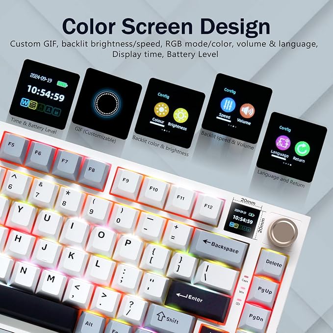 75% Wireless Mechanical Gaming Keyboard, Creamy Sound, Hot Swappable, Pre-lubed Linear Switches, Gasket Structure, Multimedia Display, RGB Backlit, 2.4GHz/USB/BT5.0, Custom Keyboard for Win/Mac