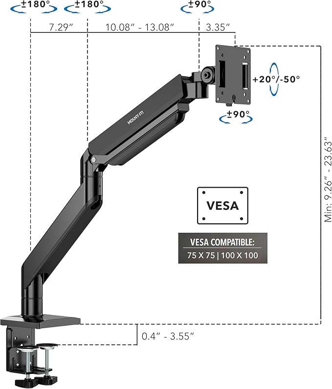Mount-It! Heavy Duty Monitor Arm for 49”, 57" & Ultrawide Monitors, Full Motion Gas Spring | Holds 55 lbs | Tilt, Swivel & Rotate | VESA 75 & 100 | Clamp & Grommet Base | Fits Samsung Odyssey G9