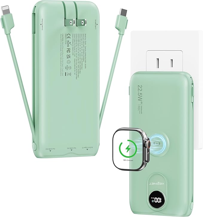 Portable Charger, 10000mAh 22.5W Power Bank Fast Charging with Wall Plug, Built-in Cables, LED Display, Compact Lightweight USB C Travel Battery Pack for iPhone 17/16, Android Cell Phone, Pad, iWatch