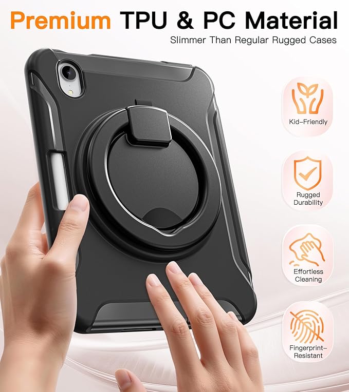 BATYUE Shockproof Case for iPad mini 7 (A17 Pro)/ Mini 6 8.3 inch (2024/2021) - 360° Multi-Angle Stand (Portrait & Landscape) & Grip, Built-in Pencil Holder, Black