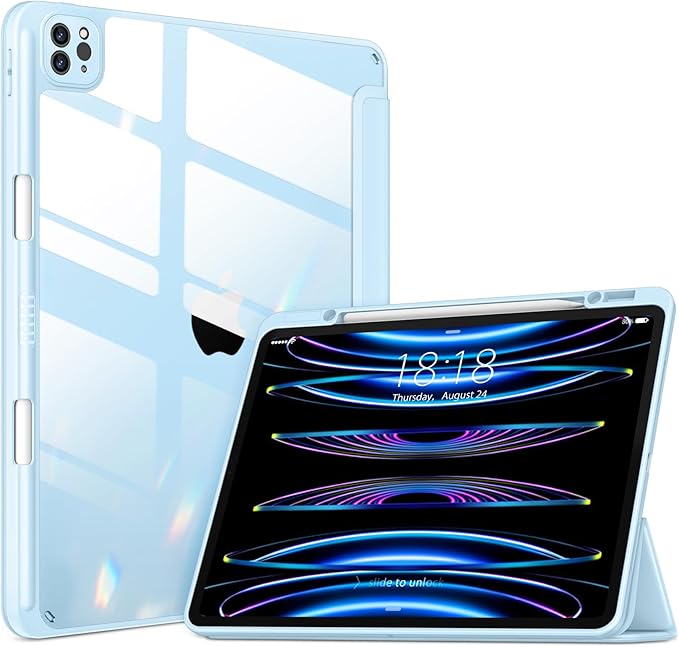VIKESI Case for iPad Pro 12.9 6th/5th/4th/3rd Generation 2022/2021/2020/2018,TPU Shockproof Frame,Built-in Pencil Holder,Auto Sleep/Wake - Ice Blue