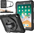 MENZO Shockproof Case for iPad 5th Gen/6th Gen/Air 2/Pro 9.7-inch with 360° Swivel Stand, Pencil Holder, Detachable Hand and Shoulder Strap, Black
