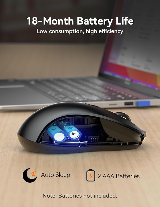 TECKNET Bluetooth Mouse, [ USB + BT1 + BT2 ] Wireless Mouse for Laptop, Silent Click, Ergonomic Design, 4800 DPI Computer Mice Wireless, Dual Mode for Laptop, Computer, iPad, MacBook