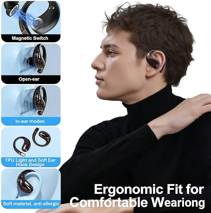 Vitog Wireless Bluetooth 6.0 Earhooks Earbuds, Sport Noise Cancelling Over Ear Waterproof Headphones Wireless Workout Running Open-Ear/in-Ear Earphones with Long Battery Life (Black)