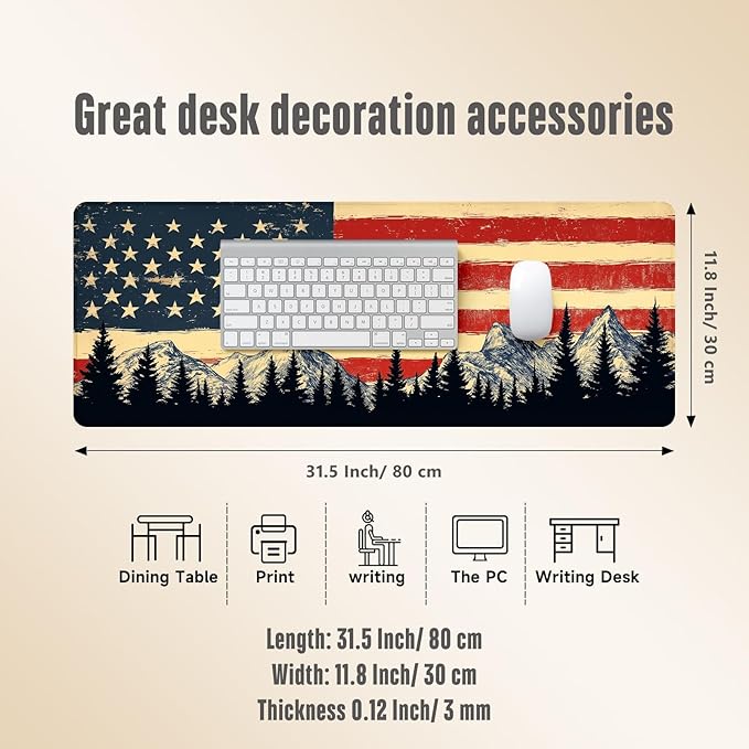 Extended Gaming Mouse Pad, Large Mouse Mat 3 mm Nature Rubber Base Mousepad with Stitched Edges, Non-Slip Desk Mat for Office Home Great Gift 31.5x11.8 Inch (USA Flag 3)