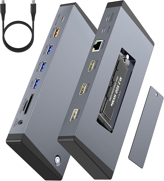 Laptop Docking Station 3 Monitors for Dell/HP/Lenovo/Mac, 15 in 1 USB C Docking Station Dual Monitor with M.2 NVMe SSD Slot, 4K@60Hz Triple Display Dock with HDMI/Displayport/PD/LAN/SD/TF/10Gbps USB