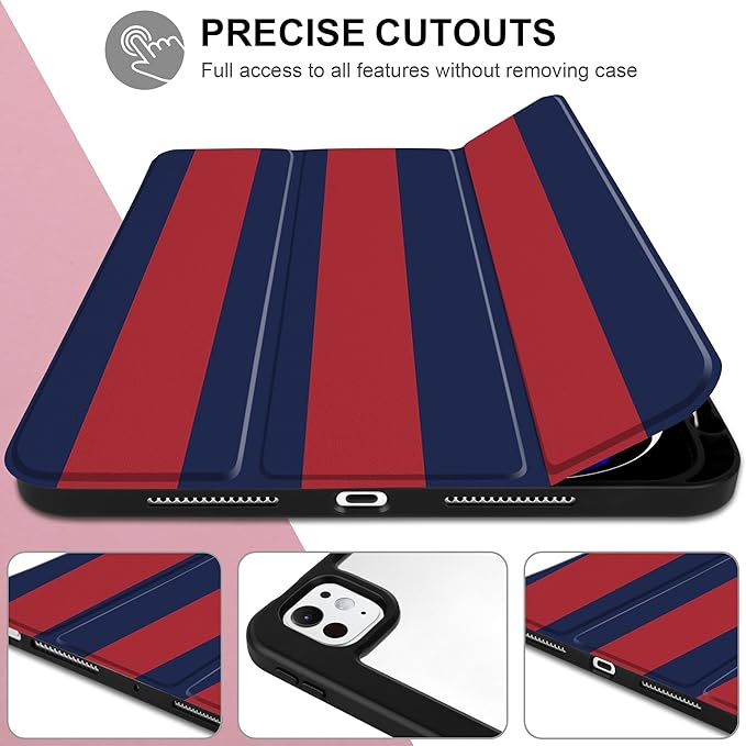 Case for iPad Pro 11 inch (M5) 2025 (M4) 2024 Release Slim Lightweight Stripe Design Cover with Clear Back TPU Edge Pencil Holder Trifold Stand, Red Blue Stripes