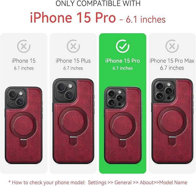 Compatible with iPhone 15 Pro Case with Stand, Compatible with MagSafe, Slim PU Leather & Durable TPU Protective Cover Drop-Proof with Tempered Glass Screen Protector 6.1", Red