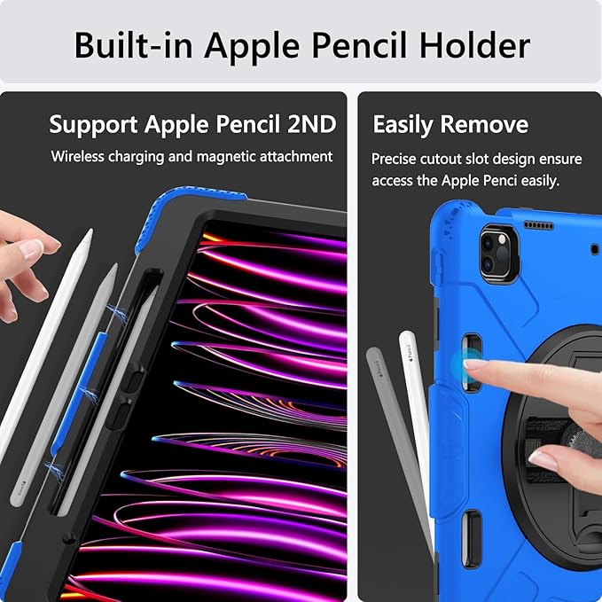 Miesherk Case for iPad Pro 12.9 Inch 6th/5th/4th Generation, Military Grade Heavy Duty Shockproof iPad Pro 12.9 Case - Rotating Stand, Pencil Holder, Hand/Shoulder Strap, Black+Blue