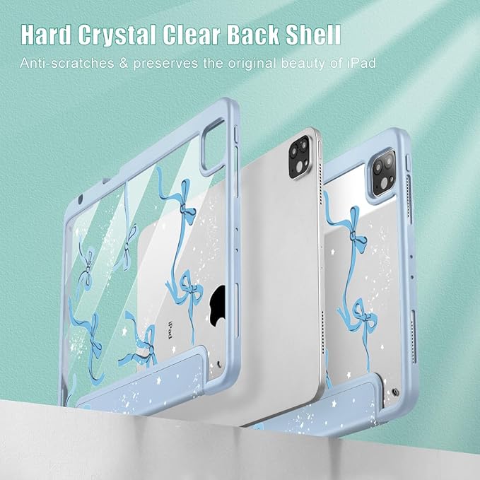 Tuiklol for iPad Pro 12.9 Inch 6th/5th/4th/3rd Generation 2022 2021 2020 2018 Case,Built-in Pencil Holder Clear Transparent Protective Back Shell Cover with Auto Sleep/Wake, Bow-Blue