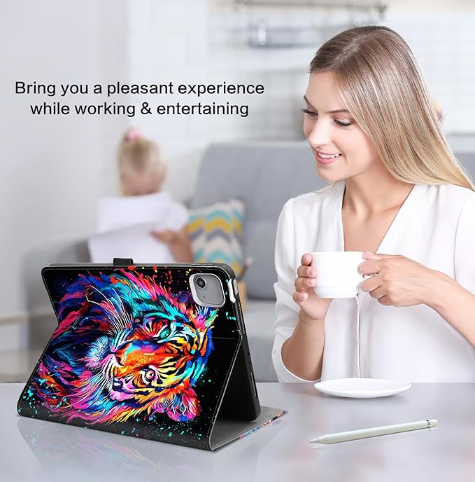 Lokigo for iPad Air 13 Inch Case M4/M3/M2 (2026/2025/2024), iPad Pro 12.9 Inch Case 6th/5th/4th/3rd Gen with Pencil Holder/Hand Strap/Pocket, Support Touch ID, Multi Angles View Stand, Tiger