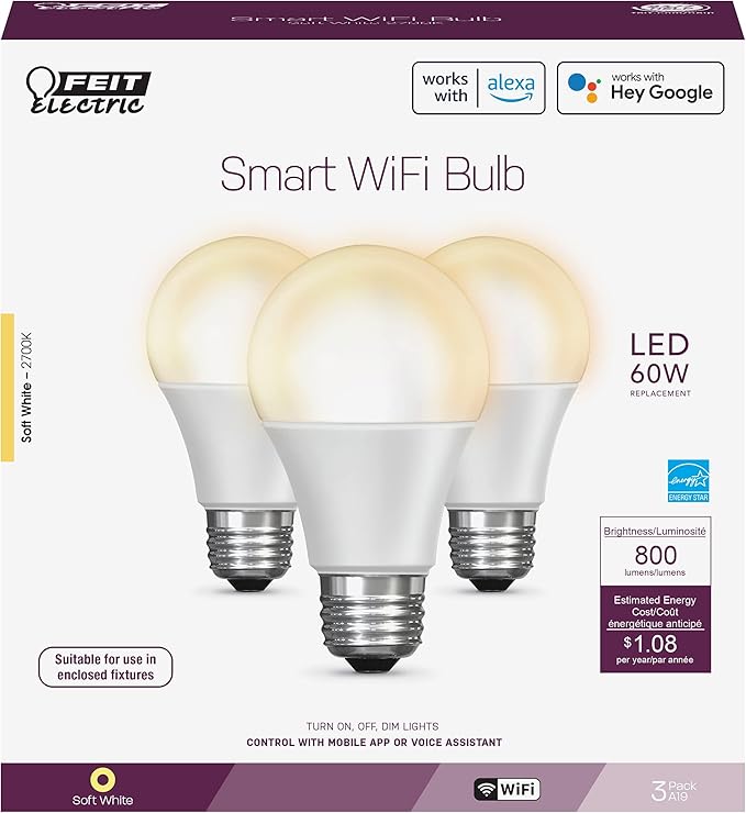 Feit Electric OM60/927CA/AG/3 60 Watt Equivalent WiFi Dimmable, No Hub Required, Alexa or Google Assistant, A19 LED Smart Light Bulb, 4.2" H x 2.4" D, 2700K Soft White, 3 Count