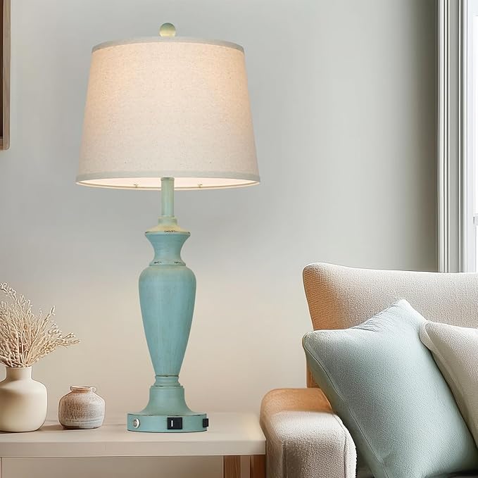 Cinyirong 30" Tall Metal Table Lamps Set of 2, Touch Control Bedside Lamps for Bedroom Nightstand, 3-Way Dimmable Farmhouse Lamp for Living Room with Charging Ports, Retro Blue (2 LED Bulbs Included)