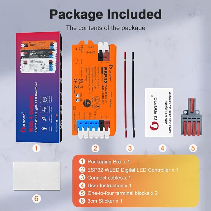 ESP32 WLED LED Strip Light Controller 4 Channel Output 15A Fuse Link Level Shifter UART Download DIY Dynamic Lighting Mode APP Voice Control for Digital WS2811 WS2812 WS2815 SK6812 RGB IC String