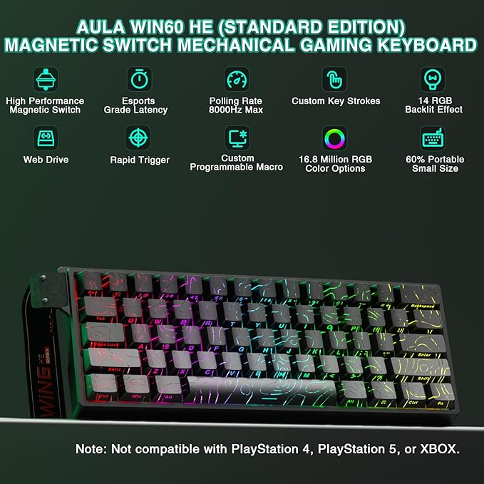 Aula WIN60 HE - 60% Mechanical Gaming Keyboard Wired, Hall Effect Magnetic Switch Hot Swappable, Adjustable Actuation RT Mode, 8000 Hz Polling Rate, RGB Keyboard 60 Percent Compact Design for PC