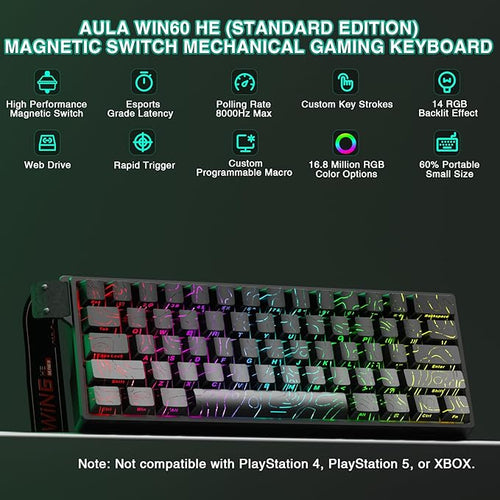 Aula WIN60 HE - 60% Mechanical Gaming Keyboard Wired, Hall Effect Magnetic Switch Hot Swappable, Adjustable Actuation RT Mode, 8000 Hz Polling Rate, RGB Keyboard 60 Percent Compact Design for PC