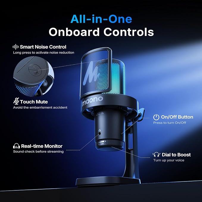 MAONO DGM20W Wireless Gaming Microphone for PC, Condenser USB Mic with Boom Arm for Streaming, Touch Noise Cancellation, Quick Mute,Gain Control,RGB, Computer Condenser Mic for PS5 Twitch Discord
