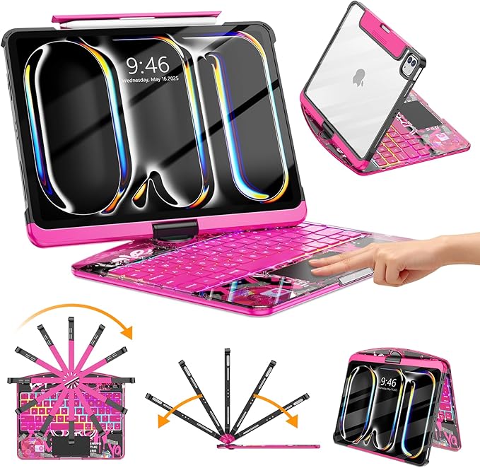 TSQQST Clear Wireless Keyboard Case for iPad Pro 11 Inch (M5/M4) 2025/2024 with Pencil Holder & Multi-Touch Trackpad, Visible PCB, 3-Brightness & 7-Color Backlight, 360° Rotating Stand, Pink