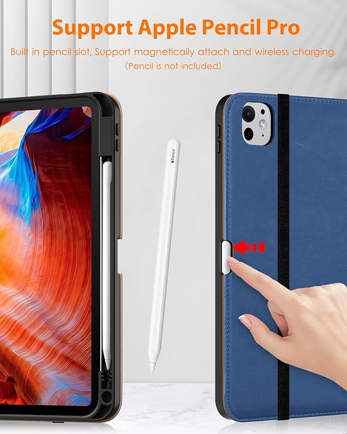 DTTO for iPad Pro 11 inch Case (M5/M4) 2025/2024, Premium Leather Business Folio Stand Cover with Pencil Holder - Auto Wake/Sleep and Multiple Viewing Angles, Abyss Blue