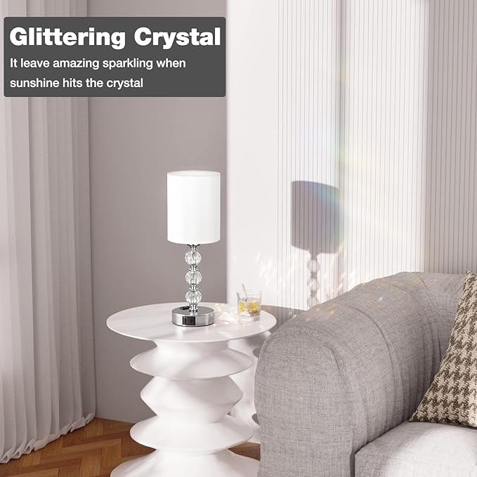 Touch Bedside Crystal Lamps for Bedrooms Nightstand with USB C+A Charging Port and AC Outlet White, 3 Way Dimmable Silver Small End Side Table Lamp for Living/Guest/Dinning Room/Kitchen
