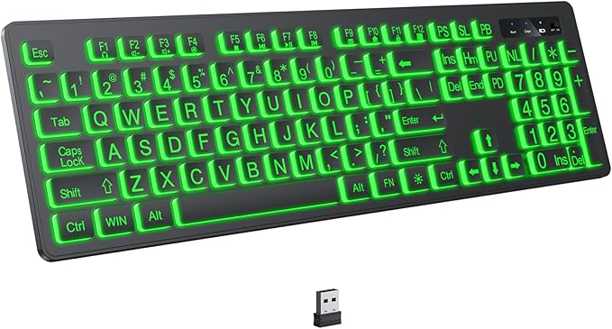 KOPJIPPOM Large Print Backlit Wireless Keyboard, 2.4G Silent Wireless Light Up Keyboard, Full Size Computer Keyboards with 7 Colored Backlits, Rechargeable Keyboards for Windows, PC, Laptop