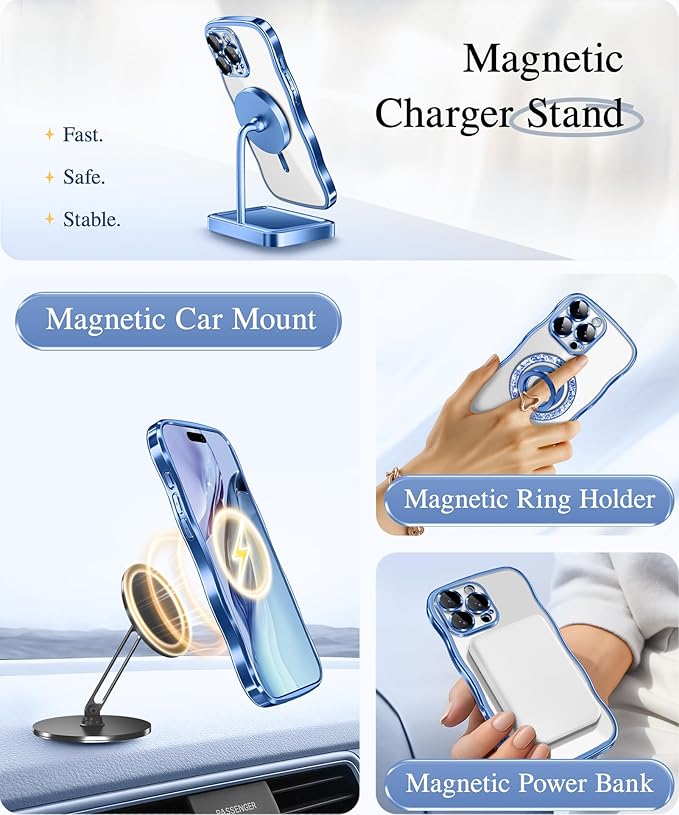 GVIEWIN for iPhone 16 Pro Case Compatible with MagSafe, Upgraded [Full Camera Protection][Cute Wave Frame][Military Grade Protection] Electroplated Soft Phone Cover for Women Girl, Clear/Light Blue