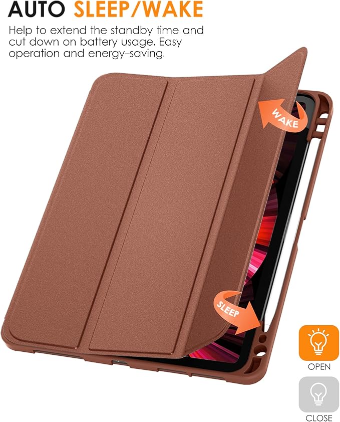 DTTO for iPad Pro 11 inch 4th/3rd/2nd/1st Generation 2022/2021/2020/2018 Case, Smart Slim Trifold Stand Soft TPU Back Cover with Built-in Pencil Holder, Also Fit iPad Air 5/4,Brown