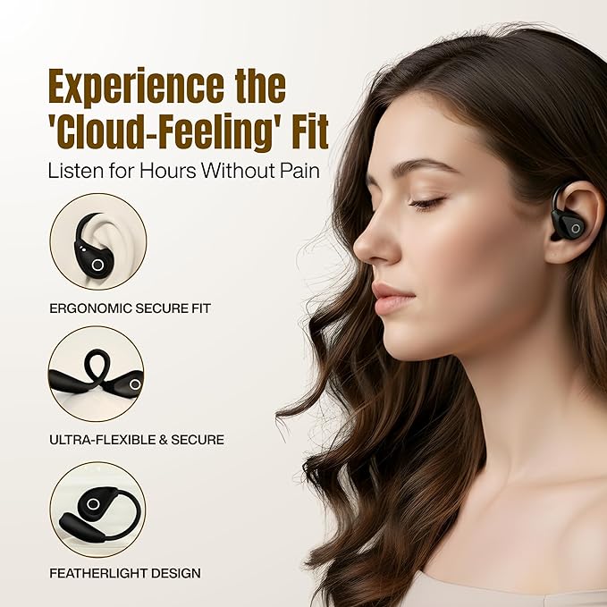 Wireless Earbuds with Earhooks, Open Ear Bluetooth 5.3 Headphones for Work & Running, 60H Playtime, LED Display, IPX5 Waterproof, USB-C Charging (Black)