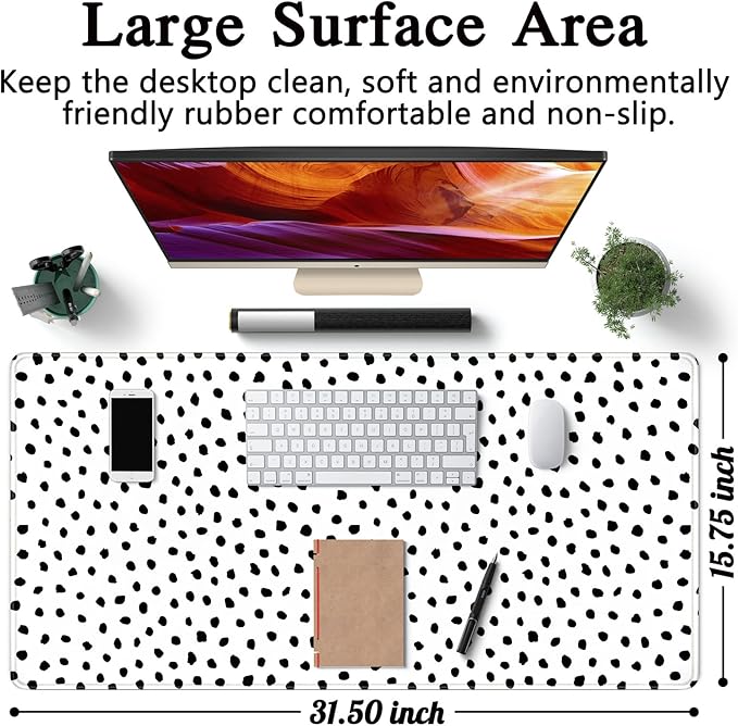 Boho Desk Mat, Polka Dot Large Mouse Pad Desk Pad Boho Desk Accessories for Women Office Decor, XXL Mousepad Long Laptop Keyboard Mouse Mat 31.5''X15.7'' Non-Slip Rubber Base with Stitched Edges