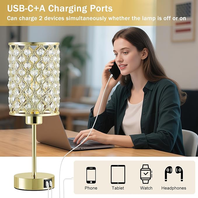 GyroVu Crystal Table Lamps Set of 2, Gold Touch Lamp for Nightstand with USB C+A Ports, Dimmable Small Bedside Lamp with Crystal Shade, End Table Desk Lamps for Bedroom, Living Room(Buld Included)