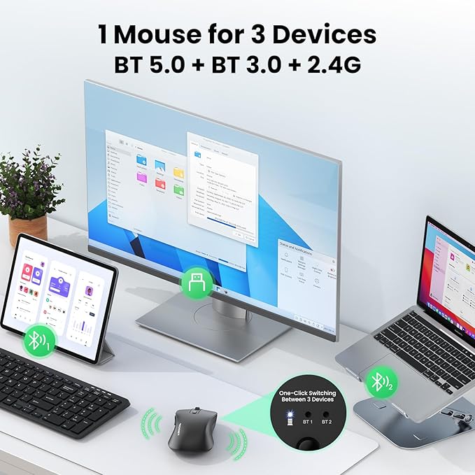 TECKNET Rechargeable Bluetooth Mouse, [ USB + BT5.0 + BT3.0 ] Wireless Mouse, Ergonomic Design, Silent Click, 6-Level 4800 DPI Wireless Mice, 3-Device Switching for Laptop, Computer, MacBook（Black）