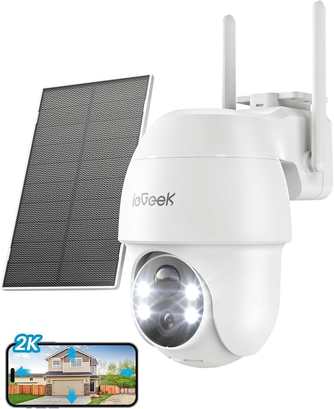ieGeek Solar Security Cameras Wireless Outdoor, 2K 2.4G WiFi Camera with Solar Panel and Battery Powered, Color Night Vision with Spotlight, 360° PTZ, 2-Way Audio, PIR Motion Sensor, no Subscription