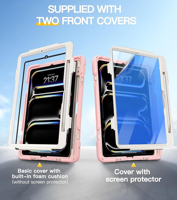 BRAECN Case for iPad Pro 11 inch M5 2025 & M4 2024, 4 Layers Heavy Duty Full-Body Protection Screen Protector Pencil Holder, 360° Rotating Handle Kickstand, Shoulder Strap Kids Friendly