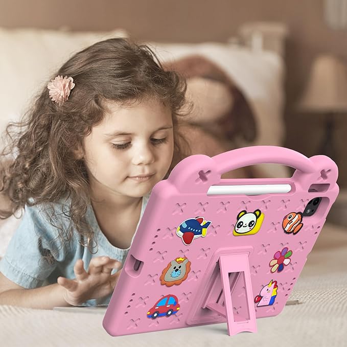 for Apple iPad Pro 11 Inch Kids Case (M5/M4) 2025/2024 with Pencil Holder/Kickstand/Handle Stand Slim Lightweight Cute DIY Soft EVA Shockproof Rugged Silicone Girls Boys Cover, Pink Bear