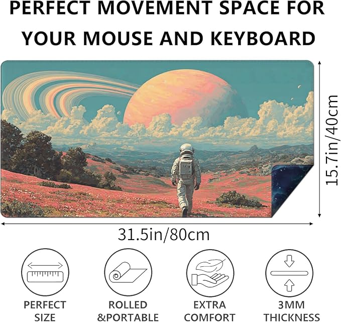 AQQA Dual-Sided Mouse Pad, Large Astronaut Desk Mat, XL Galaxy Gaming Keyboard Mat, Waterproof Big Extended Desk Protector for Home Office, 31.5”x15.7”