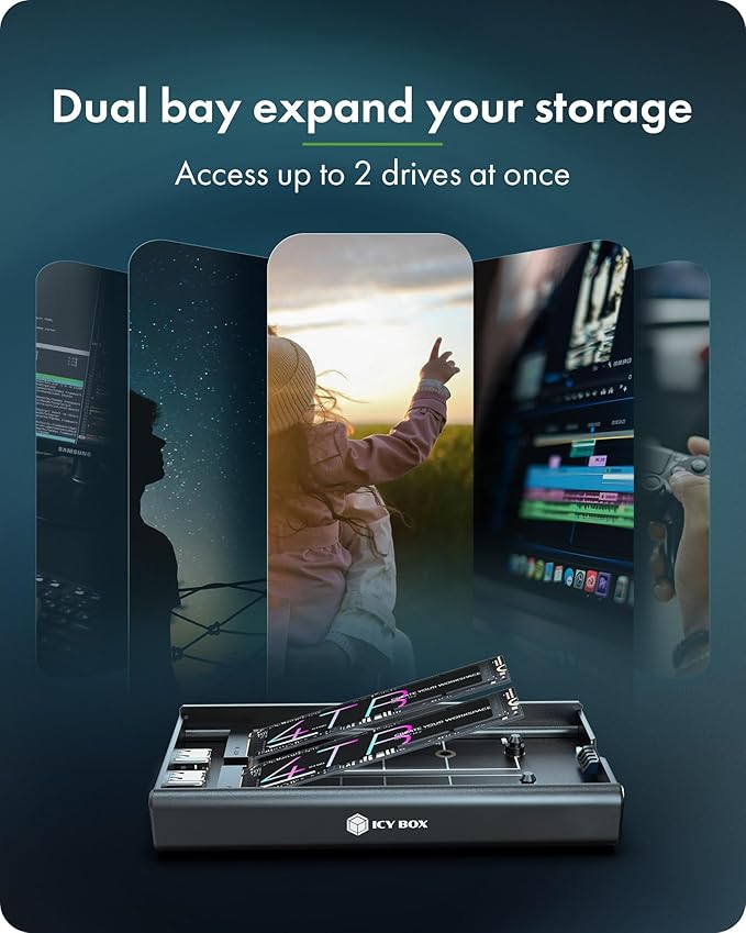 Dual M.2 NVMe SSD Enclosure, ICY BOX 20Gbps NVMe Enclosure, USB C to M2 Adapter for M Key PCIe 2230/2242/2260/2280 M.2 SSDs, Dual Bay Tool-Free Installation Aluminum SSDs Reader
