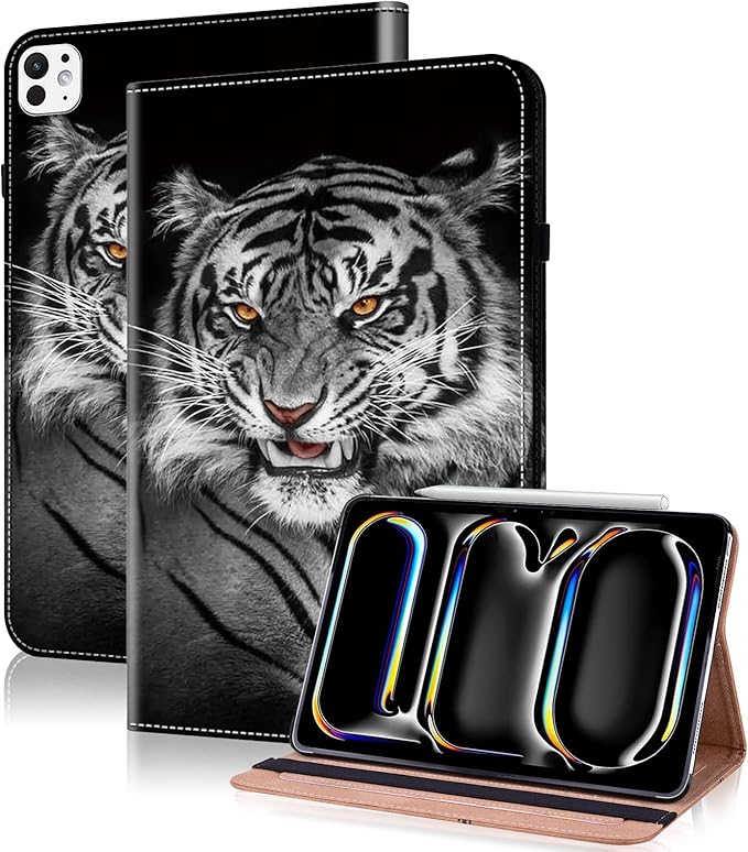 Case for iPad Pro 11 inch Case (M5/M4) 2025/2024, Premium Leather Folio Stand Cover with Auto Wake/Sleep, Pencil Holder and Card Slots - Black Tiger