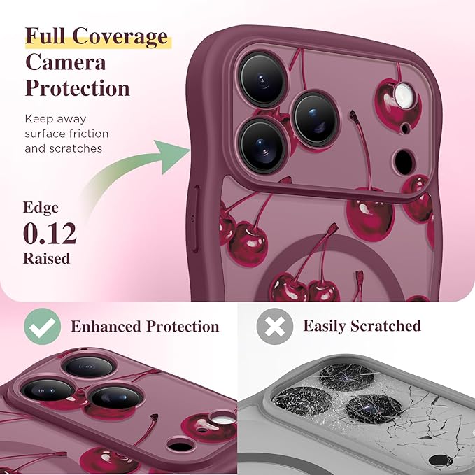 GVIEWIN for iPhone 17 Pro Max Case Compatible with MagSafe [Curly Wave Edge][Full Camera Protection] Floral Translucent Shockproof Magnetic Women Phone Case for 17 Pro Max, Ripe Cherry/Burgundy